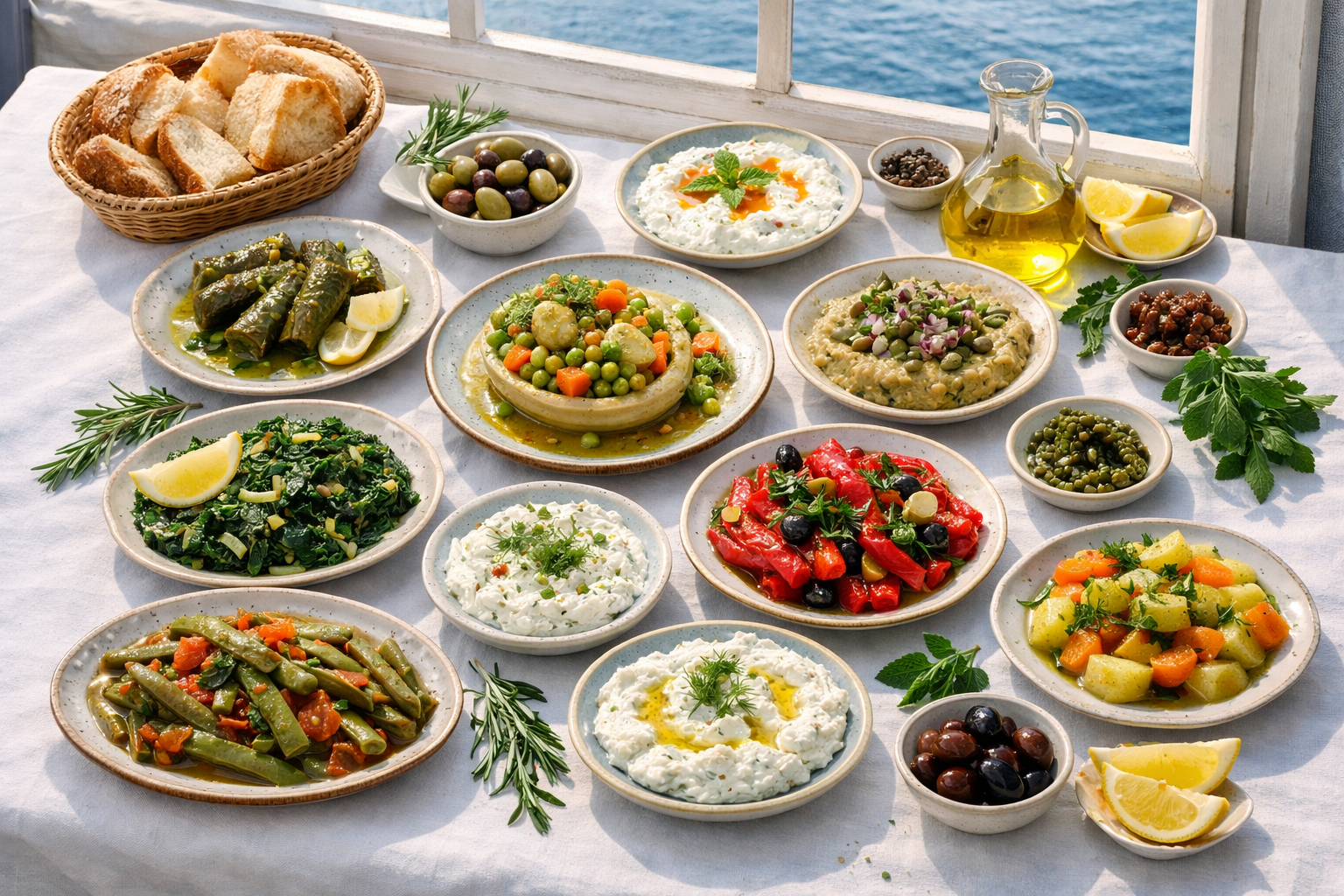 Ege sofrasında zeytinyağlı yemekler ve mezeler